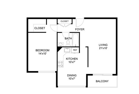 Floor plan for 1 bed, 1 bath, 745 sqft